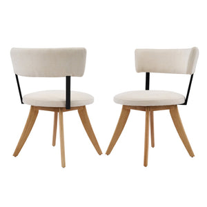 English Elm Modern Beige Fabric Dining Chairs Walnut Rubberwood Base Curved Back Set of 2 N768P391169N