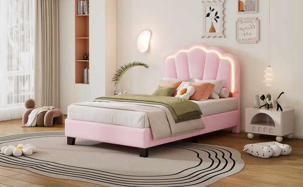 English Elm Twin Flower-Shape Upholstered Bed with LED Headboard, Pink Sherpa Platform Twin Bed for Kids Room Cozy Chic N733P177307H