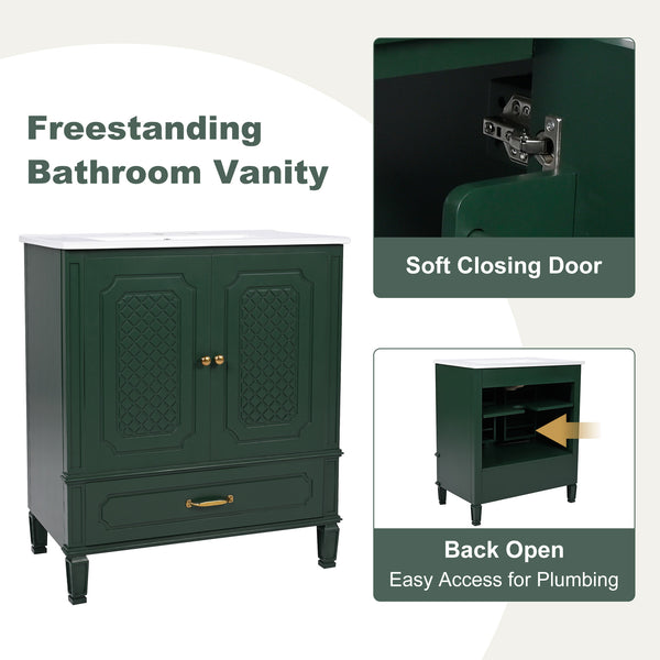 English Elm Christopher Knight Home® - 30" Bathroom Vanity with Sink Vintage Acacia Frame Ceramic Basin Soft-Close Doors & Storage Green N759P313313F