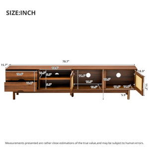 English Elm 78 Inch Rattan Media Console with Rubberwood Legs Walnut Finish Living Room Storage N710P407810P