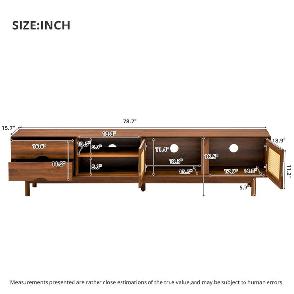 English Elm 78 Inch Rattan Media Console with Rubberwood Legs Walnut Finish Living Room Storage N710P407810P