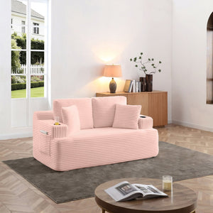 English Elm Boneless Floor Sofa Corduroy Upholstered 5 Seat Low Profile with Cup Holders for Living Room Pink W1117S00431