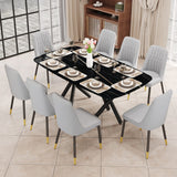 Hearth and Haven 1 Table and 8 Chairs Set.A Rectangular Dining Table with a Imitation Marble Black Table Top and Black Metal Legs.Paired with 8 Chairs with Leatherette Leather Seat Cushion and Black Metal Legs.F-1538, C-007 W1151S00966 W1151S00966