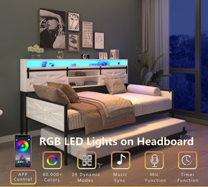 English Elm Twin Farmhouse Daybed with Trundle, Glossy White Sliding Barn Door Headboard, LED App Lighting & Charging Station W2129P369353