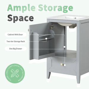English Elm 20" Compact Bathroom Vanity Grey Mdf Cabinet Ceramic Sink Soft Close Storage N725P351851E