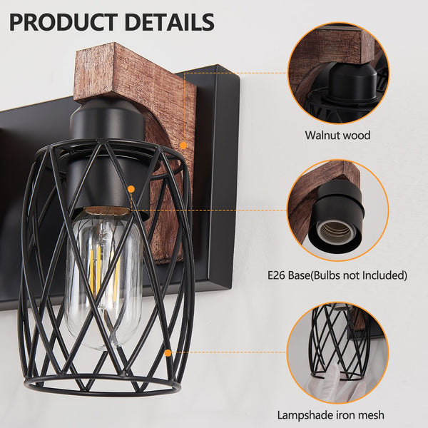 English Elm 31" Industrial Vintage 5-Light Wall Sconce Black Cage with Walnut Wood Accents for Bathroom Hallway W2312P374839
