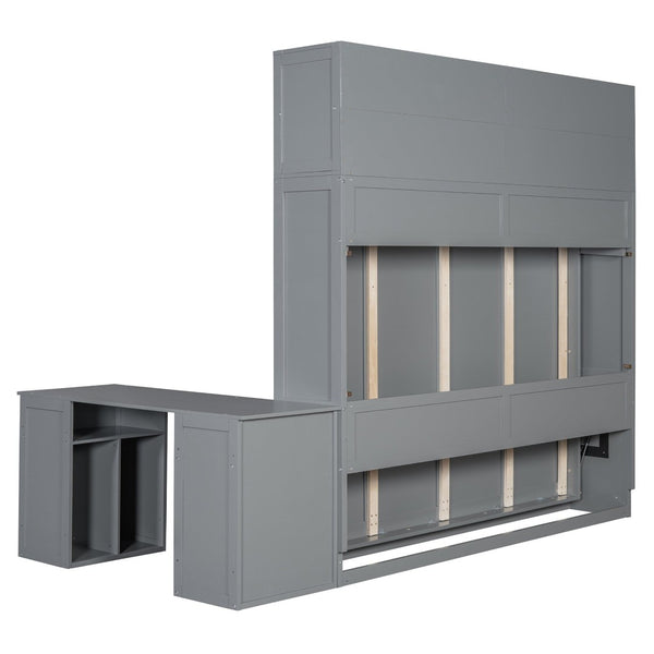 English Elm Queen Size Wall Murphy Bed With Desk, Storage Cabinets & Hydraulic Lift – Elegant Gray Design N820S10034E-GIGA