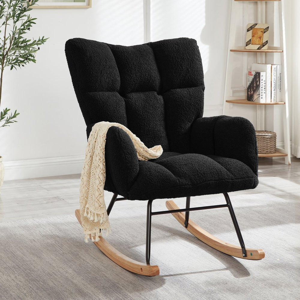 English Elm Glider Tufted Teddy Fabric Rocking Chair with Metal Frame and Rubberwood Legs, Plush Cozy Seat Black W1097P366855