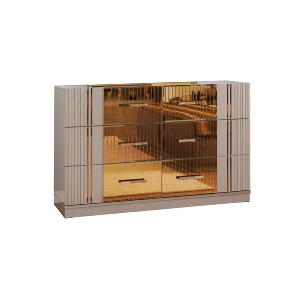 English Elm Lorenzo 6-Drawer Dresser in Gray with Bronze Mirror Accents, River Sand Metal Handles, 64"W x38"H G150109236