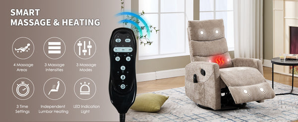 English Elm Heat Massage Recliner with Swivel Rocker and 8 Node Vibration for Living Room Comfort W3224P357562