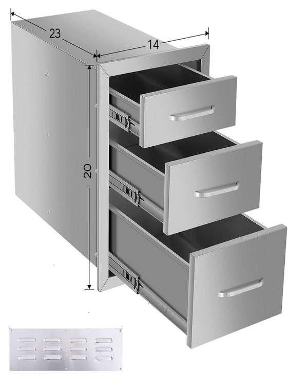 English Elm 14"x20"x23" Stainless Steel Outdoor Kitchen Three Drawer Cabinet for Courtyard Cooking Spaces W3167P303254