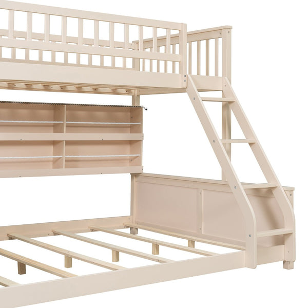 English Elm Twin Xl Over Queen Bunk Bed with Led Lighting Shelving and Pegboard Pinewood Frame Beige LT000280AAA