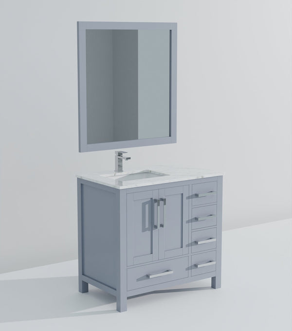 English Elm Dark Grey Bath Vanity Set With Carrara Marble Top, Chrome Faucet & Coordinated 34" Mirror Included B2731S01260