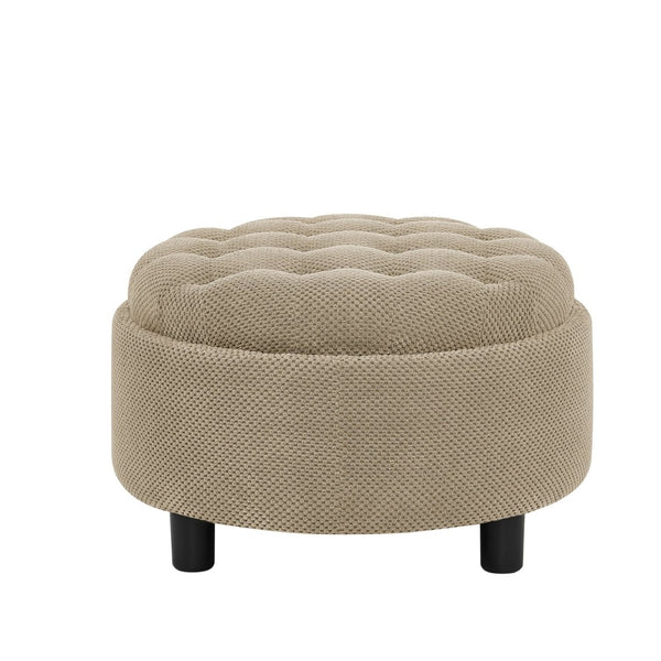 English Elm 25 Inch Round Fabric Pouf Ottoman with Removable Wooden Lid and Hidden Interior Storage Camel W5568P461369