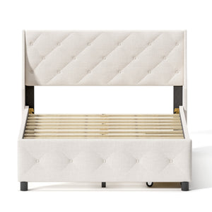 English Elm Queen Size Bed Frame Carbon Gray with Storage Headboard & 4 Drawers, Quiet Metal Platform, No Box Spring Needed W2896S00002