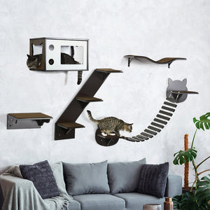 English Elm Pawhut Modular Wall Mounted Cat Tree with Condo Curved Perch Bridge and Solid Wood Frame W2225P217054