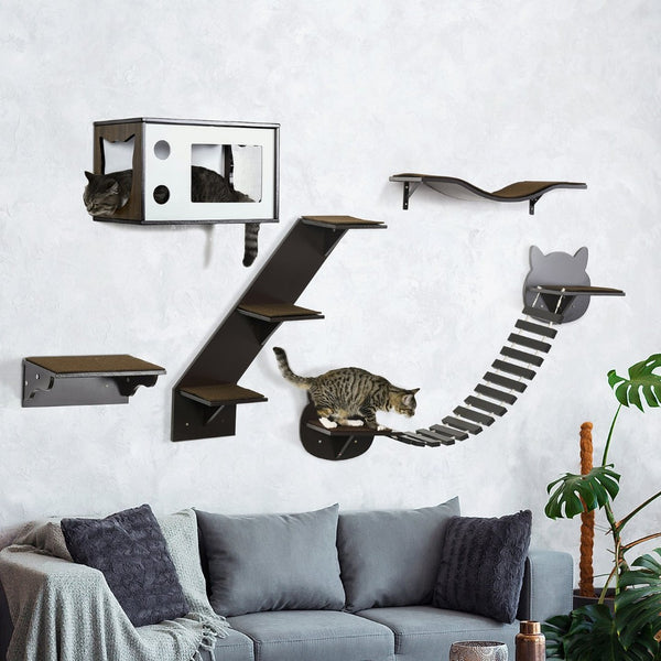 English Elm Pawhut Modular Wall Mounted Cat Tree with Condo Curved Perch Bridge and Solid Wood Frame W2225P217054