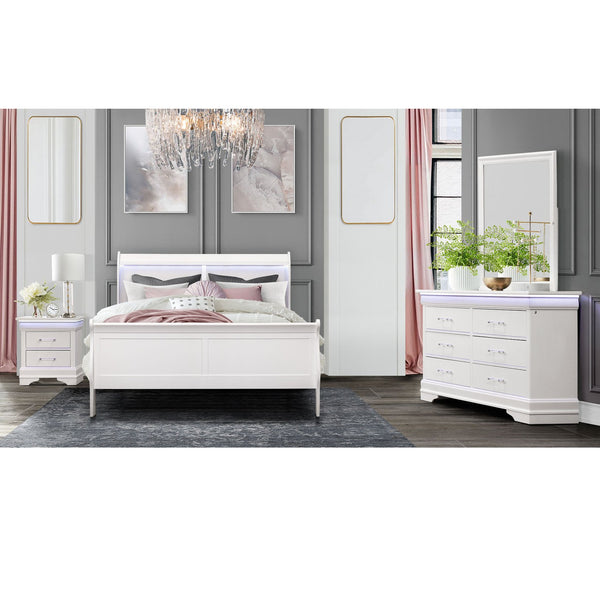English Elm CHARLSTON Solid Wood Full Sleigh Bed with LED Headboard, Transitional Panel Design, Durable Finish White 78.13 L x 7.88 W x 4.88 H B201S00006