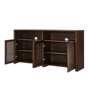 English Elm 63" Mid Century Modern Rattan Sideboard Buffet Cabinet with Adjustable Shelves, Durable Craftsmanship and Outlet Access for Living Room Storage and TV Console Walnut W1801P371658