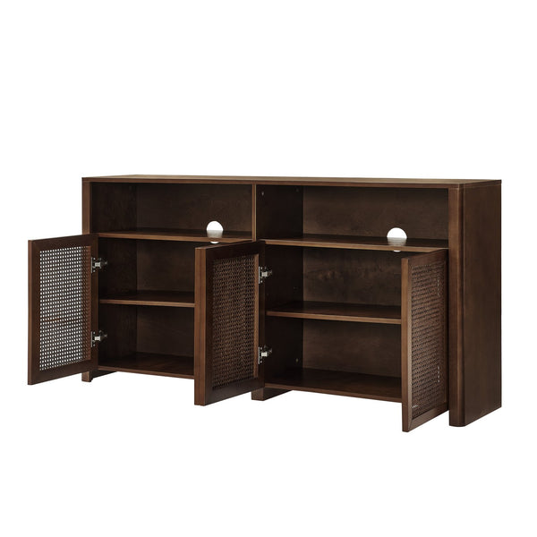English Elm 63" Mid Century Modern Rattan Sideboard Buffet Cabinet with Adjustable Shelves, Durable Craftsmanship and Outlet Access for Living Room Storage and TV Console Walnut W1801P371658