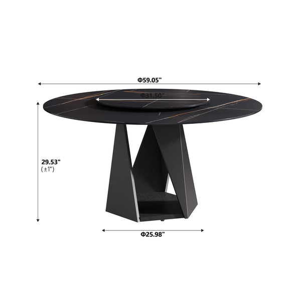 English Elm 59.05" Round Marble Dining Table With Black Iron Base, Elegant Turntable, Seats 6-8, Durable Design W1535S00404