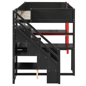 English Elm Full Size Gaming Loft Bed with Led Lighting Desk Shelves and Usb Charging Ports N820S00071J
