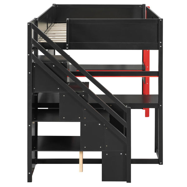 English Elm Full Size Gaming Loft Bed with Led Lighting Desk Shelves and Usb Charging Ports N820S00071J