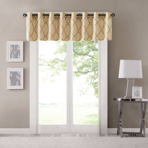 JLA Home Madison Park - Fretwork Metallic Fretwork Print Valance with Grommet Top — Textured Cotton-Blend Light Filter Beige/Gold MP41-3601