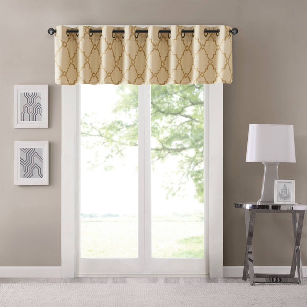 JLA Home Madison Park - Fretwork Metallic Fretwork Print Valance with Grommet Top — Textured Cotton-Blend Light Filter Beige/Gold MP41-3601