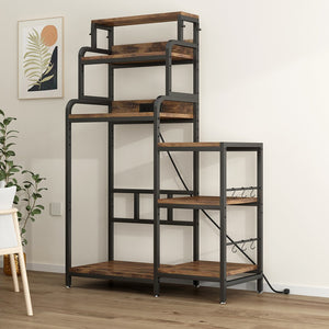 English Elm Multifunctional 7-Tier Mini Fridge & Microwave Stand, Walnut Brown with 2 AC/2 USB Outlets, Heavy-Duty Storage Rack for Kitchen, Dorm, Living Room W2641P383931