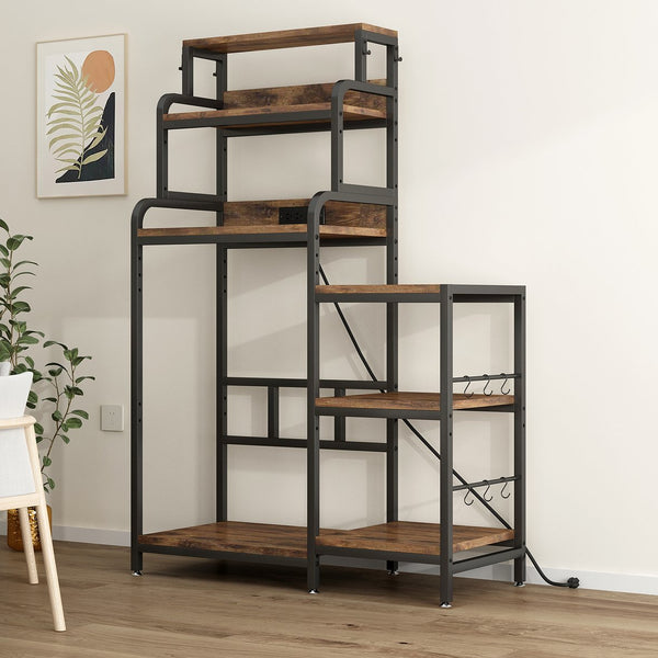 English Elm Multifunctional 7-Tier Mini Fridge & Microwave Stand, Walnut Brown with 2 AC/2 USB Outlets, Heavy-Duty Storage Rack for Kitchen, Dorm, Living Room W2641P383931