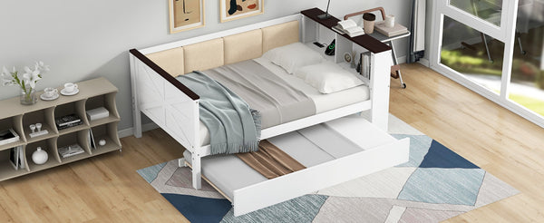 English Elm Twin Pine Wood Daybed with Trundle Upholstered Backrest Storage Shelf and Usb Port N7090002232K