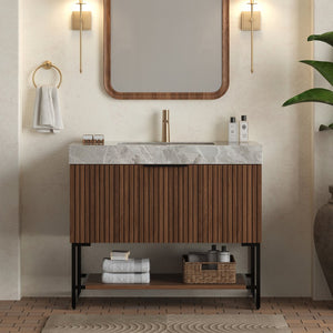 English Elm YOLAN 36" Bathroom Vanity with Integrated Solid Surface Basin, Pre-Assembled Plywood Cabinet, Soft-Close Drawer and Open Towel Shelf Black,Dark Walnut,Light Gray,White W2615S00373