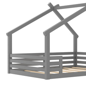 English Elm Full House Floor Bed with Roof Window and Shelf – Solid Pine Kids Loft-Style Low Bed, Durable Design Grey W1580P362698