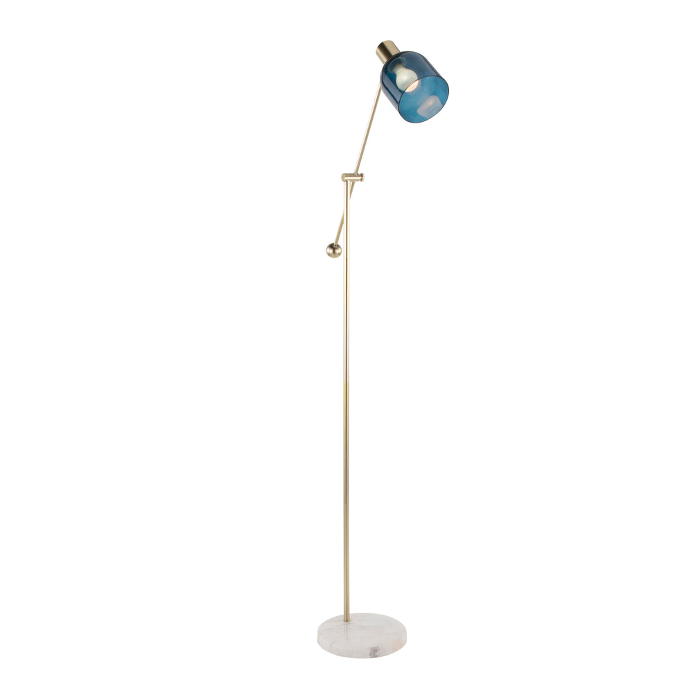 English Elm Marcel Contemporary Floor Lamp with White Marble Base, Gold Metal & Blue Glass Shade — Luxe Ambient Light (98) B202P224218