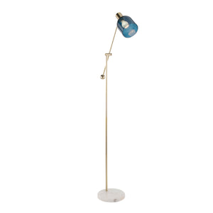 English Elm Marcel Contemporary Floor Lamp with White Marble Base, Gold Metal & Blue Glass Shade — Luxe Ambient Light (98) B202P224218
