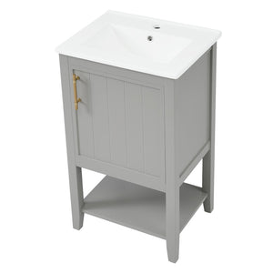 English Elm 20" Matte Freestanding Bathroom Vanity Rubberwood Cabinet Ceramic Sink Open Shelf Grey N725P391115E