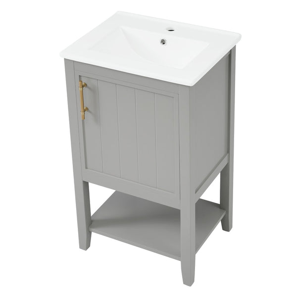 English Elm 20" Matte Freestanding Bathroom Vanity Rubberwood Cabinet Ceramic Sink Open Shelf Grey N725P391115E
