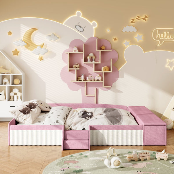 English Elm King Velvet Kids Platform Bed with Padded Guardrails Staircase and Storage Ottoman Pink+White SF000204AAH