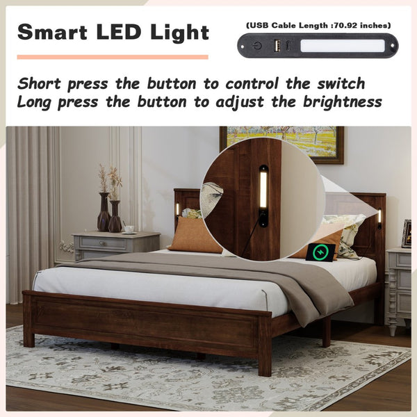 English Elm King Pine Wood Platform Bed with Led Lighting Usb Charging Tall Panel Headboard Walnut W504S00275