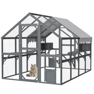 English Elm Extra Large Walk-in Outdoor Cat Enclosure with Oxford Roof Ramps and Dual Resting Huts W1422S00048