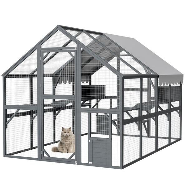 English Elm Extra Large Walk-in Outdoor Cat Enclosure with Oxford Roof Ramps and Dual Resting Huts W1422S00048