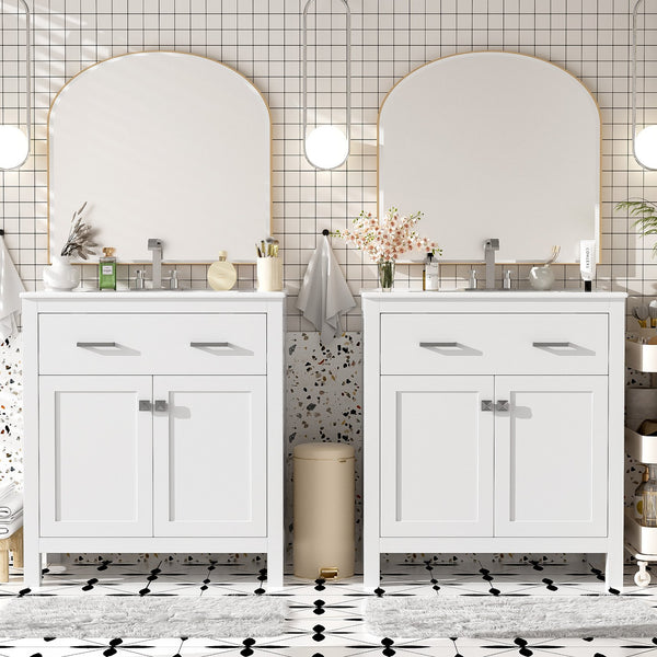 English Elm 60" Modern Bathroom Vanity Set with Double Ceramic Sinks, Soft-Close Doors, Flip Drawer & Storage White N729P000002K