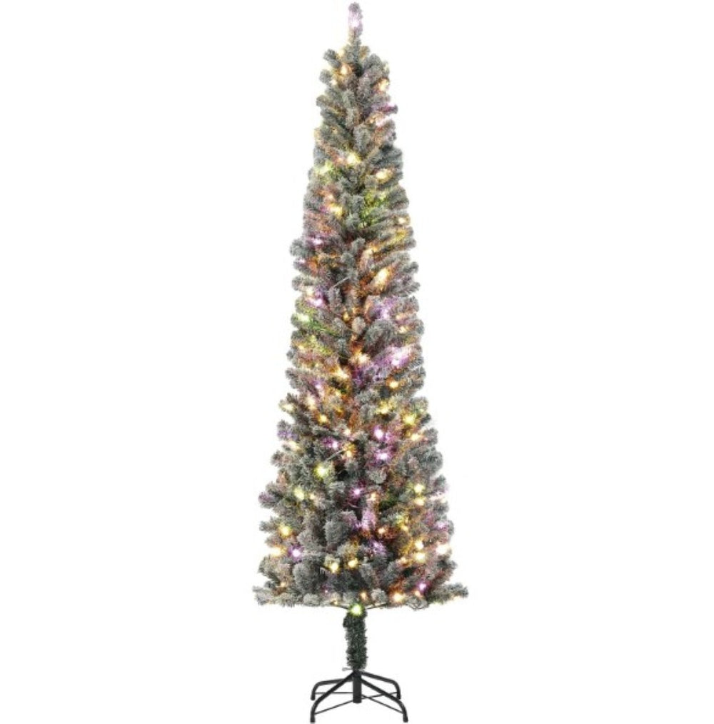 English Elm Pre-lit Flocked Pencil Tree 7.5 Ft Slim Snow Finish Dual Led Remote Holiday T3971P420040