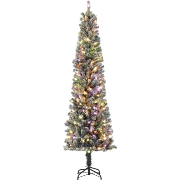 English Elm Pre-lit Flocked Pencil Tree 7.5 Ft Slim Snow Finish Dual Led Remote Holiday T3971P420040
