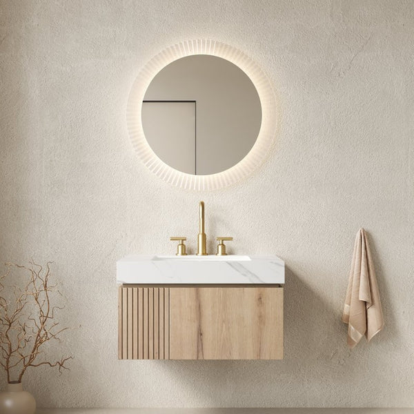 English Elm Muri Floating Bathroom Vanity Plywood Cabinet Sintered Stone Top Oak Woodgrain W2615S00633