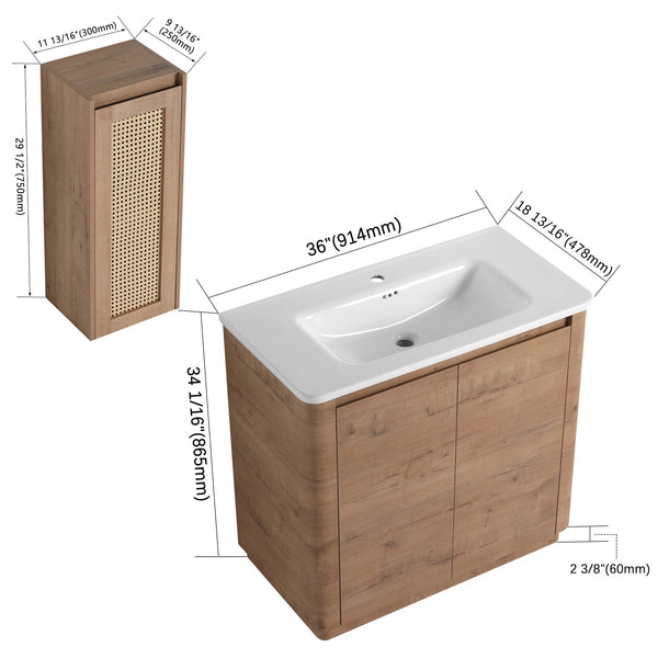 English Elm 36'' Freestanding Bathroom Vanity With Glossy Ceramic Sink & Soft-Close Doors For Stylish Storage W999S00402