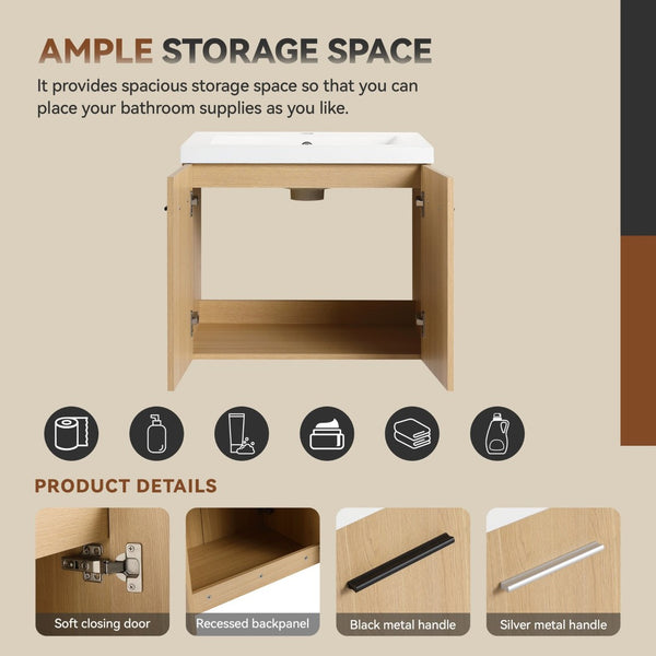English Elm 24" Floating Oak Plywood Bathroom Vanity Set with Glossy Resin Sink Scandinavian Style W3450S00068