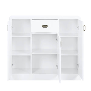 English Elm Pagan White High Gloss Server with Upholstered Seat, 3 Doors, 5 Adjustable Shelves, Sleek Glam Finish B2726P256327