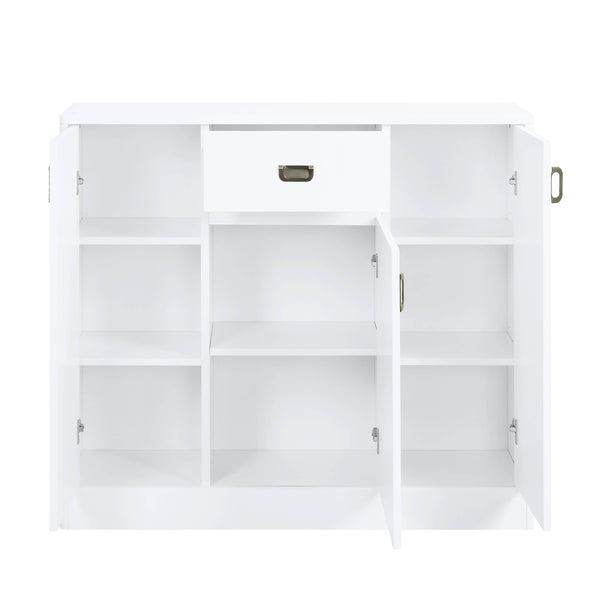 English Elm Pagan White High Gloss Server with Upholstered Seat, 3 Doors, 5 Adjustable Shelves, Sleek Glam Finish B2726P256327